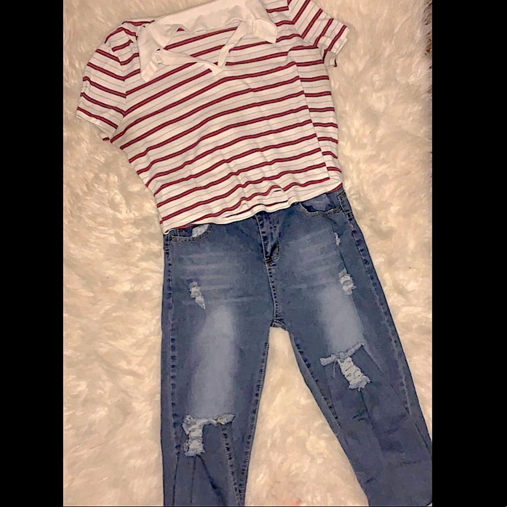 red, light blue and white crop top along with distressed blue jeans set